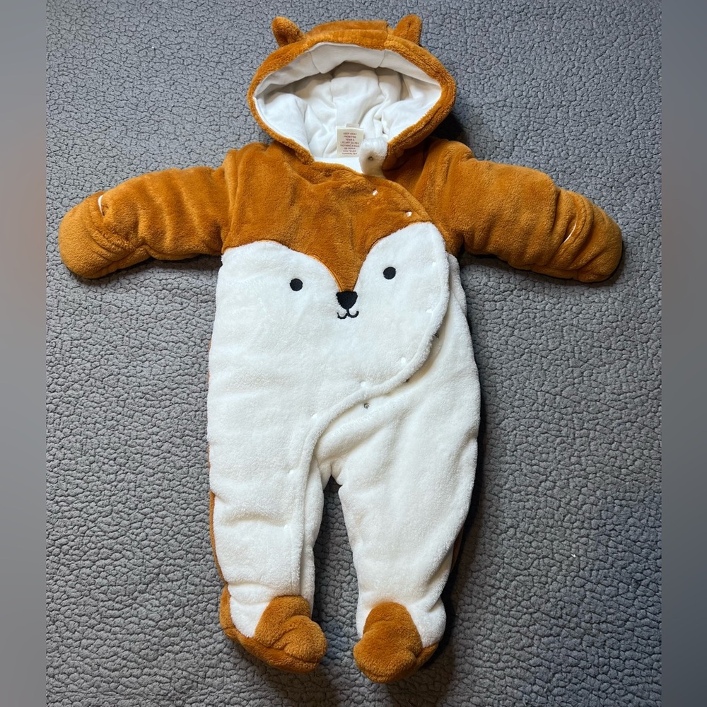 First Wish Baby Snowsuit Fox Button Up Infant Size 3-6 Months Brown And White